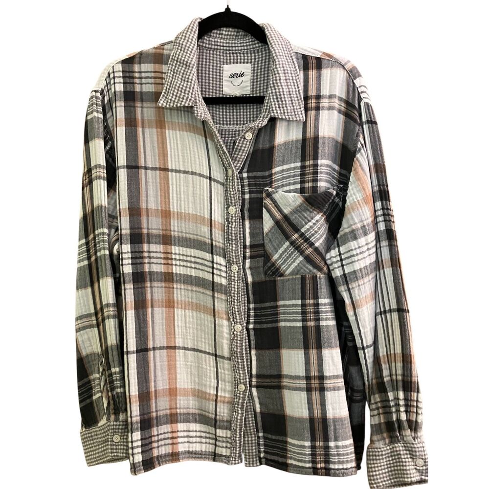 *flawed* aerie button front seersucker texture plaid and gingham flannel shirt